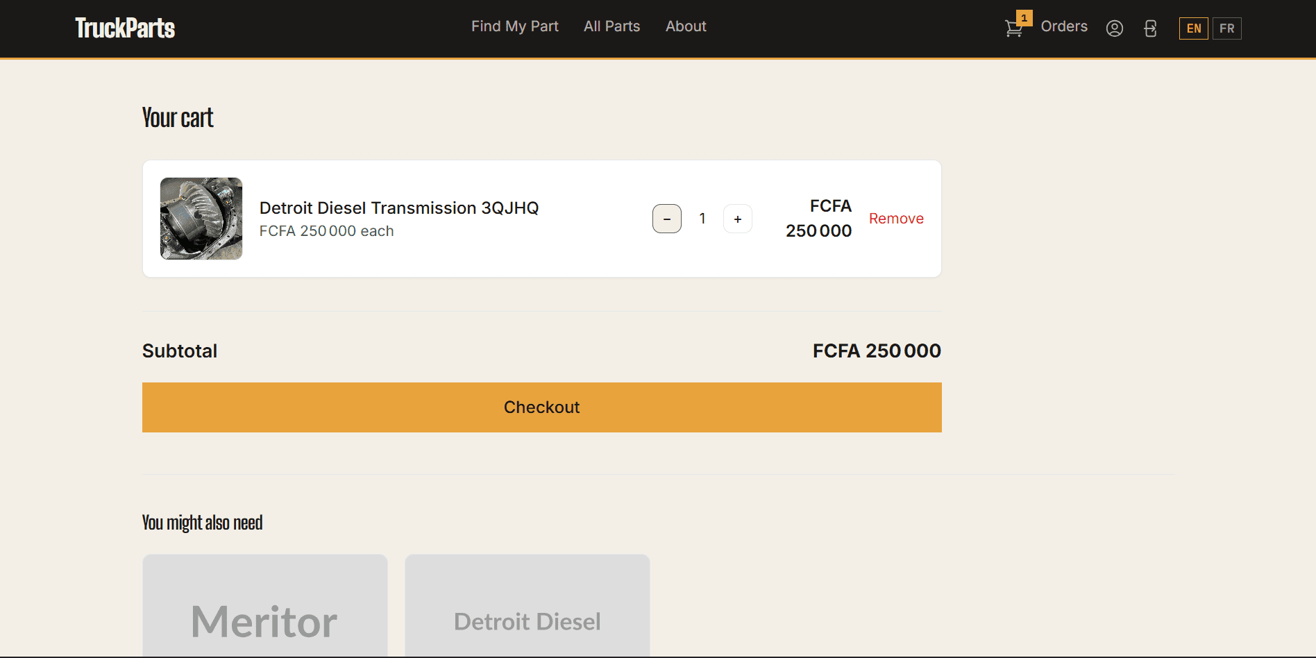 TruckParts cart with a Detroit Diesel transmission, quantity, subtotal in FCFA and Checkout button