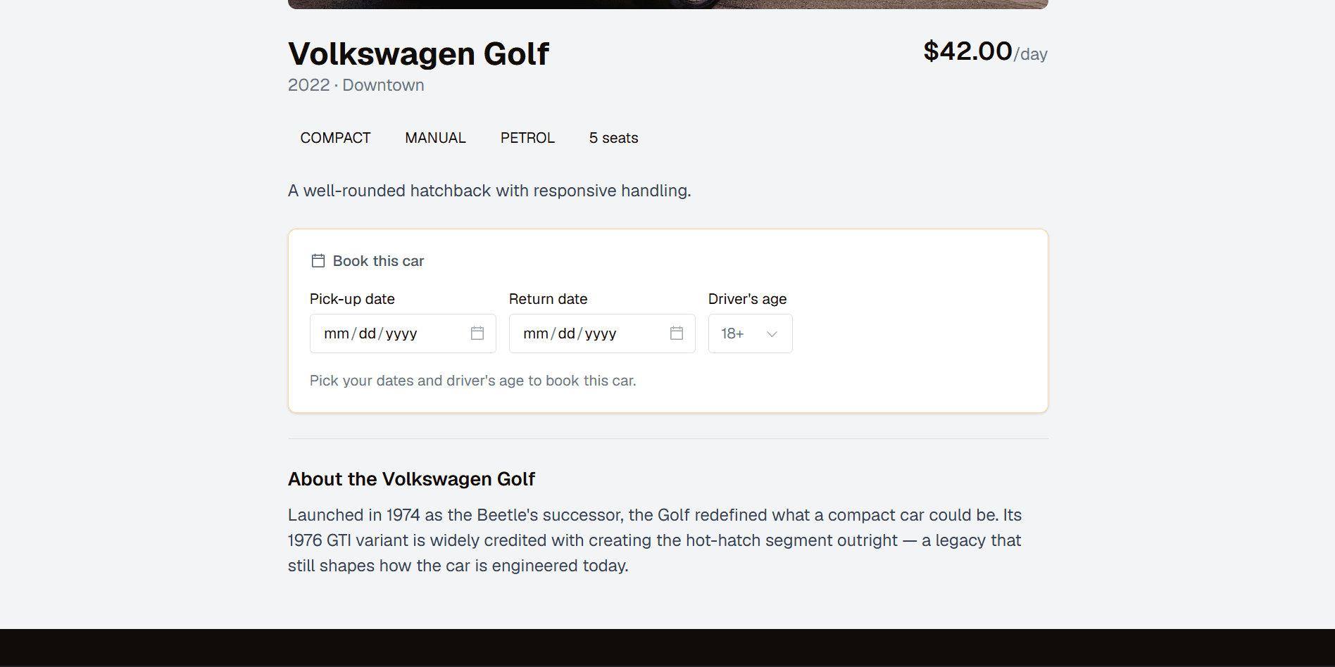 Volkswagen Golf page: $42 per day, compact, manual, petrol, 5 seats, with a booking form