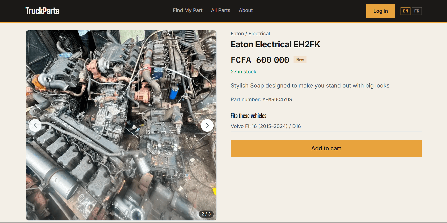 TruckParts product page for an Eaton electrical part: photos, price in FCFA, stock, compatible trucks and Add to cart