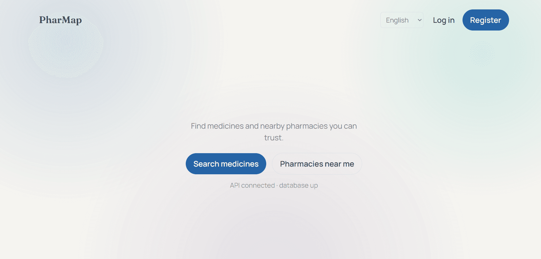 PharMap homepage: “Find medicines and nearby pharmacies you can trust”, with Search medicines and Pharmacies near me buttons
