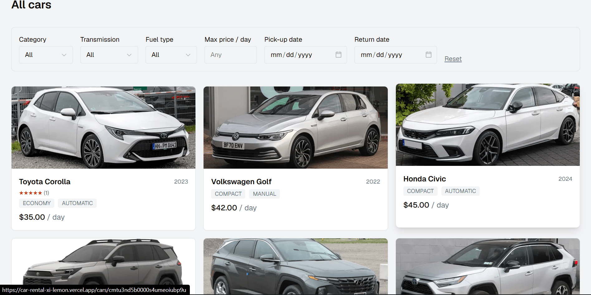All cars page with filters for category, transmission, fuel, price and dates, and each car's price per day