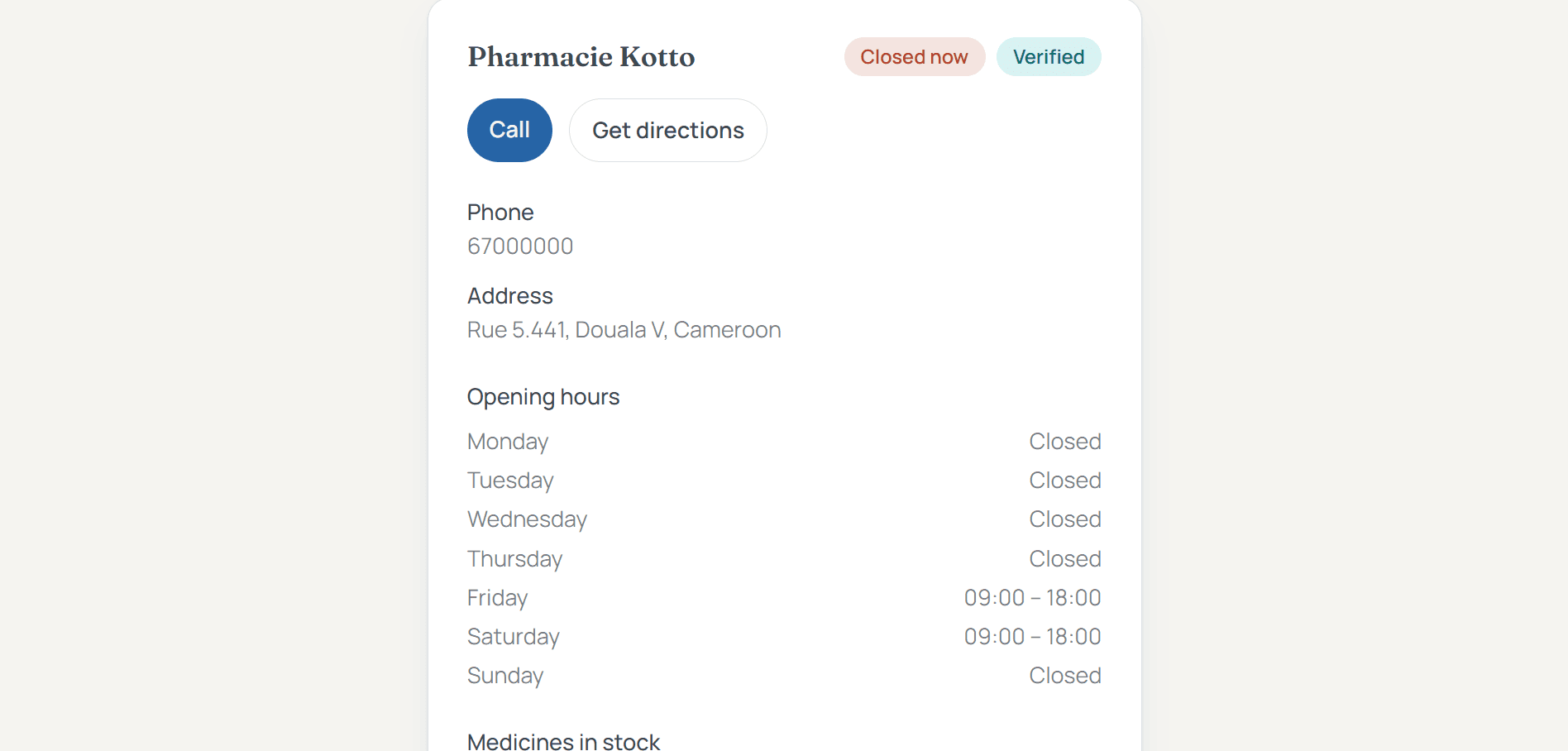 Pharmacie Kotto's page: verified badge, open or closed now, Call and Get directions buttons, address and opening hours