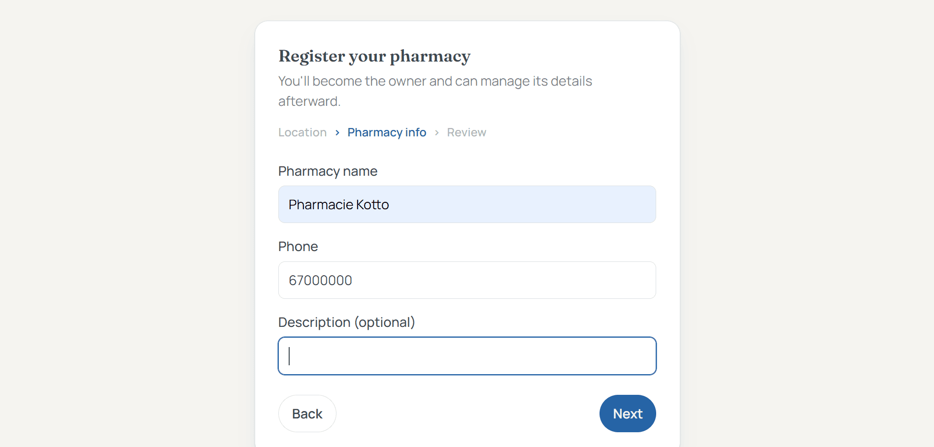 Pharmacy registration, step 2: pharmacy name, phone and description