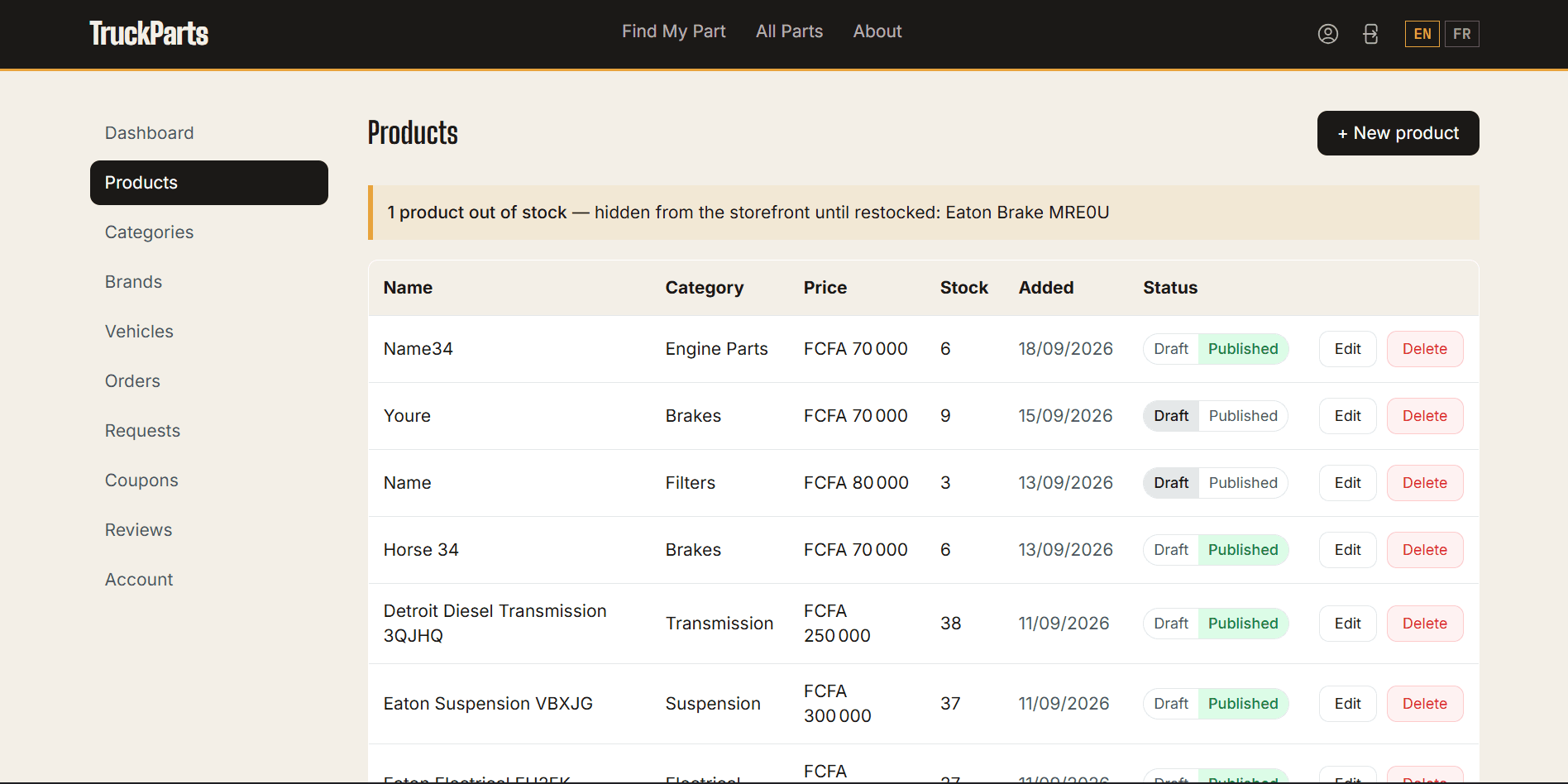 TruckParts admin product table with price, stock and published status, and a warning that an out-of-stock product is hidden from the store